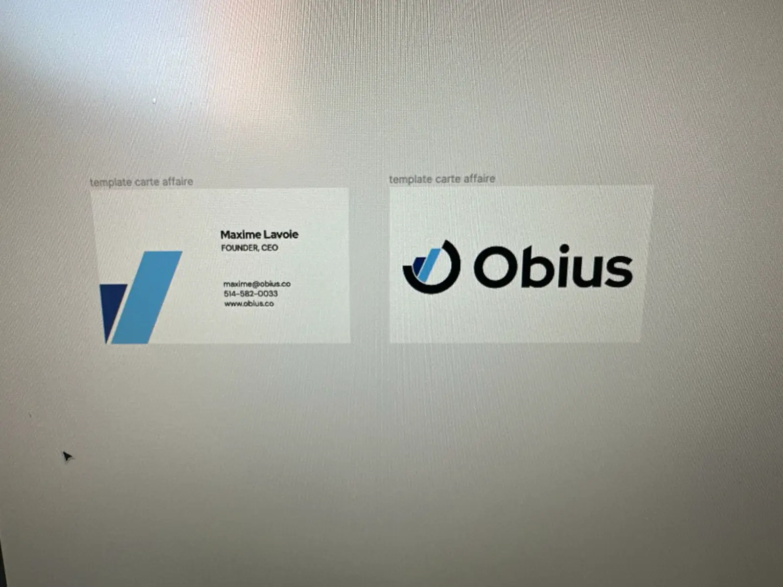 The first Obius business card and mark, on screen