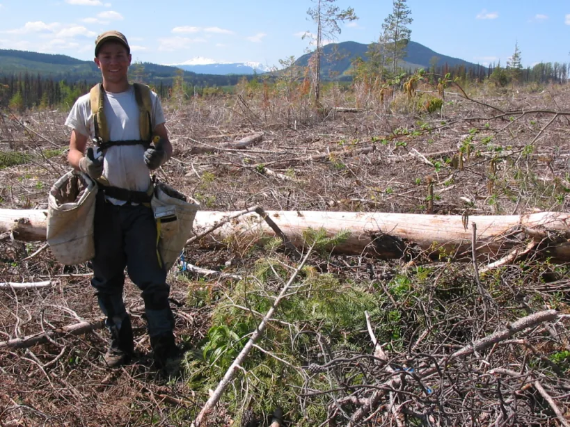 Maxime on a cutblock in Western Canada during a tree planting season